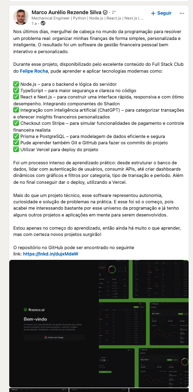 Depoimento de Marco Aurélio Rezende Silva no LinkedIn sobre o projeto desenvolvido no curso