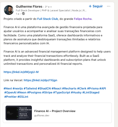 Depoimento de Guilherme Flores no LinkedIn sobre o projeto Finance AI