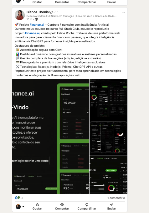 Depoimento de Bianca Thenís no LinkedIn sobre o projeto Finance.ai